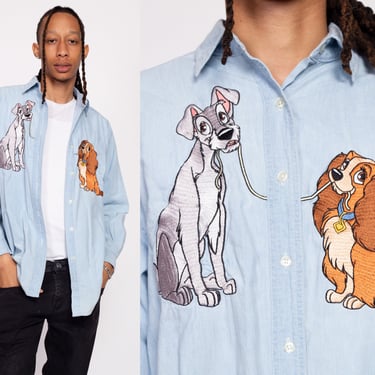 90s Lady And The Tramp Chambray Button Up Shirt - Men's Medium, Women's XL | Vintage Disney Embroidered Long Sleeve Collared Top 