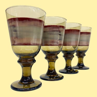 Vintage Libbey Water Goblets Retro 1970s Mid Century Modern + Sango Nova + Smokey Brown + Glass + Set of 4 + Drinkware + Kitchen + Glasses 