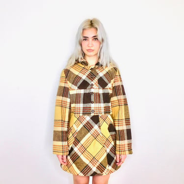 To Sir, with Love Hooded Coat // vintage 70s plaid jacket boho hippie 1970s hippy dress 60s 1960s mod brown // S/M 