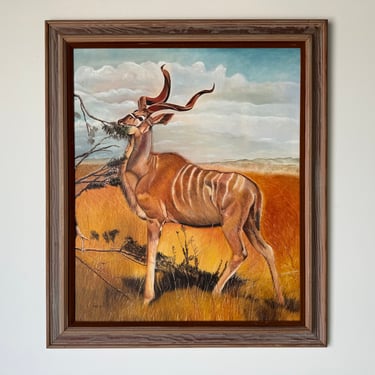 1970's Gregory A. Pole Widlife Kudu Antelope Landscape Oil Painting, Framed 