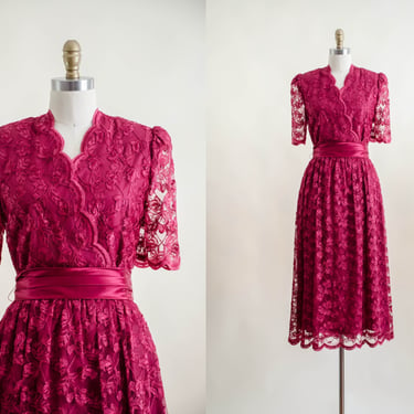burgundy lace dress | 70s 80s vintage dark pink floral lace surplice tea length bridesmaid dress gown 