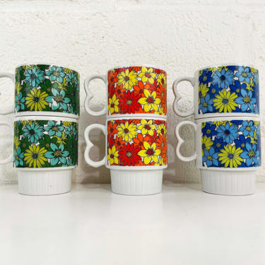 Vintage Flower Power Mugs Pedestal Stacking Mug Floral Orange Yellow Green Blue Mid Century Set of 6 Rainbow Kawaii Dopamine 1960s 60s 