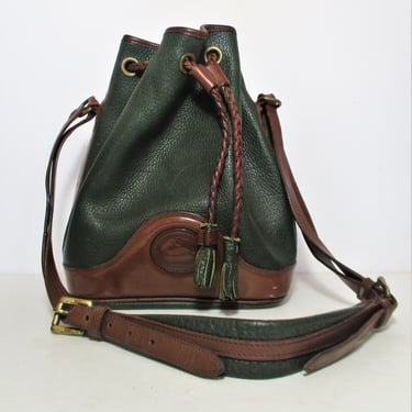 Vintage Dooney & Bourke Leather Bucket Bag, Hunter Green Pebble Grain Leather Shoulder Bag, Brown Trim Bucket Purse 