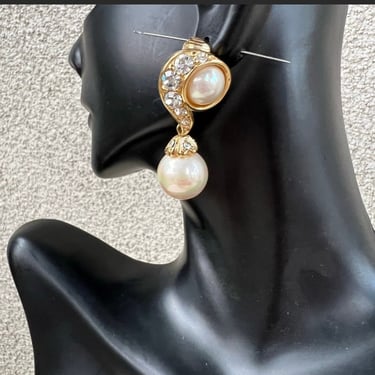 Vintage Christian Dior earrings clip on dangle faux pearls gold tone setting with silver rhinestones size 1.5” 