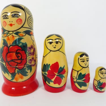 Vintage Wood Nesting Dolls - Stacking Set of 4 Babushka Wooden Russian Dolls 