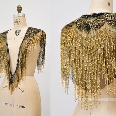 90s Vintage Gold Black Beaded Rhinestone Shawl Wrap Burlesque Wedding Flapper Gold Metallic Beaded Vintage Fringe Collar Shawl GOld Flapper 