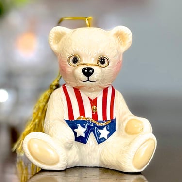VINTAGE: LENOX Teddy's 100th Anniversary Ornament - Ivory Bone China 24K Gold Plate Trim - American Flag Bear - SKU 00040150 
