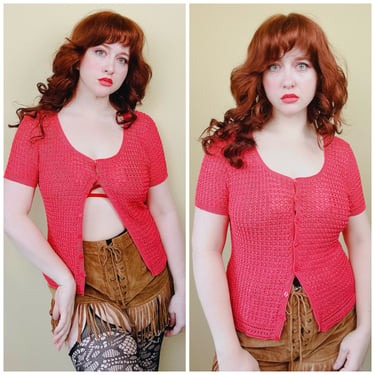 1990s Sweet Coral Rayon Knit Top / 90s Slinky Salmon Short Sleeve Button Cardigan / Large 