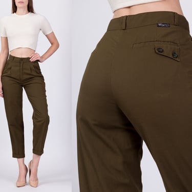 80s Olive High Waisted Pleated Pants - Small to Petite Medium, 27.5" | Vintage Wayne Minimalist Tapered Leg Cuffed Trousers 