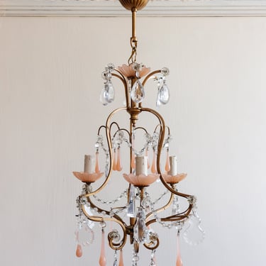 midcentury French opaline chandelier with crystals and Murano glass drops