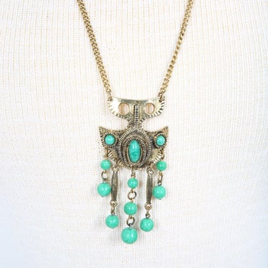 Vintage Gold Necklace with Pendant with Blue Beads Costume Jewelry Pendant 