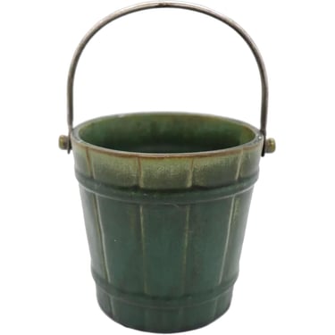 1910 Vintage American Fulper Pottery Matte Green Glaze and Silverplate Ice Bucket 