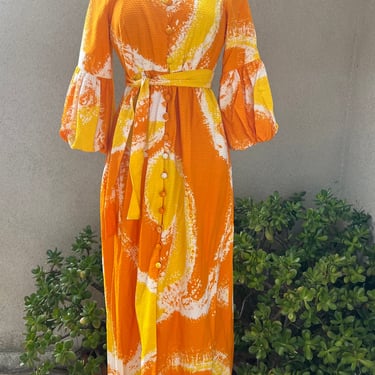 Vintage Hawaiian maxi dress luau orange yellow white Sz S by Malia Honolulu 