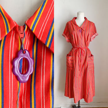 Vintage 1970s Red Striped Zip Up House Dress / XL (NWOT) 