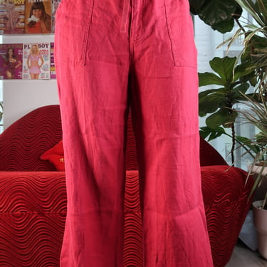 Red Linen Drawstring Wide Leg Capris