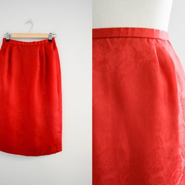 1980s Red Rose Silk Pencil Skirt 