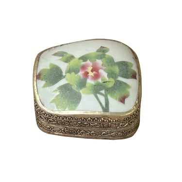 3.5" Chinese Old White Base Pink Flower Graphic Porcelain Art Pewter Box ws3950E 