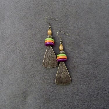 Hammered bronze earrings, etched earrings, unique mid century modern earrings, ethnic earrings, bohemian earrings, multicolor bold statement 