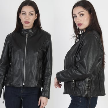 Supple Black Leather Cafe Racer Jacket, Vintage 80s Motorcycle Metal Zippers Braided Coat 