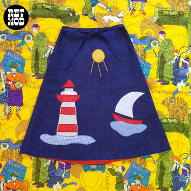 Fun Vintage 70s 80s Chambray Blue Wrap Skirt with Sailboat & Lighthouse Appliqué by The Pond 