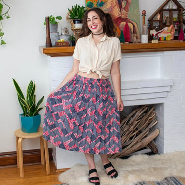 Vintage 1990s Silky Paisley Bandana Print Skirt - Pleated Midi Skirt - L/XL 