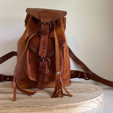 Vintage Handmade Tan Genuine Leather Fringe Drawstring Small Backpack 