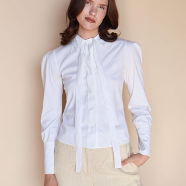 Vintage PRADA White Tie Front Blouse with Mutton Puff Sleeves sz IT 38 Pussy Bow Y2K Cotton Minimal 
