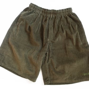 corduroy shorts / baggy shorts / 1990s army green corduroy elastic waist baggy cotton shorts Small 