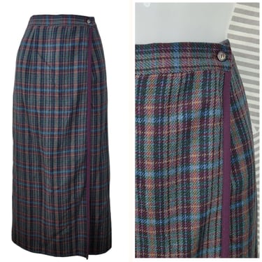 Vintage Plaid Wrap Skirt size 6/8 Wool Midi Tartan Academia Long Stretch Waist 