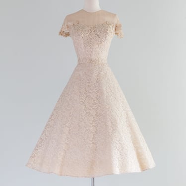 Vintage 1950's Peggy Hunt Lace Party Dress With Nude Illusion Neckline / Waist 26
