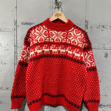 Vintage Norway Red Sweater with Reindeer Design Women's Knit Pullover 