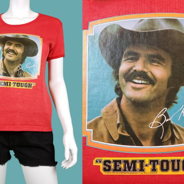 Late 70's vintage Burt Reynolds tee. Red with iron on transfer graphics. SEMI-TOUGH! Kris Kristofferson.(W size L) 