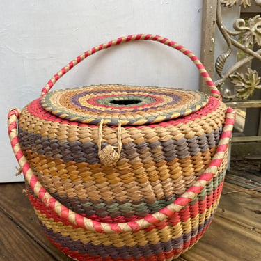 Large Boho Rainbow Basket With Lid And Handles, Round 
