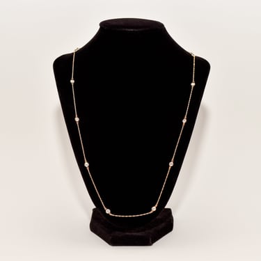 CZ Diamond Station Necklace In 14K Yellow Gold, Bezel Strand Loose Rope Chain, Estate Jewelry, 24" L 