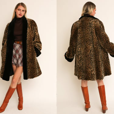 Vintage 1980s 80s Leopard Faux Fur Oversized Longline Swing Coat Jacket 