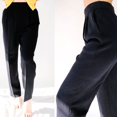 Vintage 90s ST. JOHN Black Pleated High Waisted Stretch Santana Knit Pants w/ Pockets | Tapered Leg, Bohemian, Boho |  1990s Designer Pants 