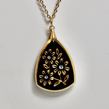 Black Glass Intaglio 24K Gold Gilded Pendant Necklace With 24K Gilded Carved Daisies Facet Cut Crystal Centers Gift for Her RARE Beautiful 