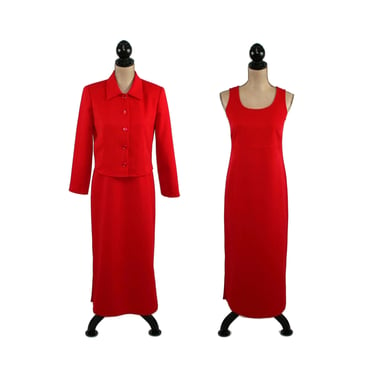 M 80s Long Red Sleeveless Dress & Matching Jacket Set, Two Piece Medium Petite Maxi Dress, 1980s Clothes Women Vintage JESSICA HOWARD Size 8 