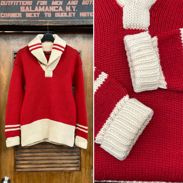 Vintage 1930’s Original Red x White Wool Shawl Collar Sweater, 30’s Vintage Clothing 