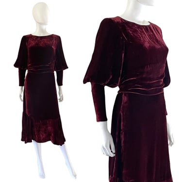 1930s Garnet Red Velvet Dress - 30s Velvet Dress - 40s Velvet Dress - Juliet Sleeve Dress - Vintage Velvet Dress - 30s Dress | Size Small 