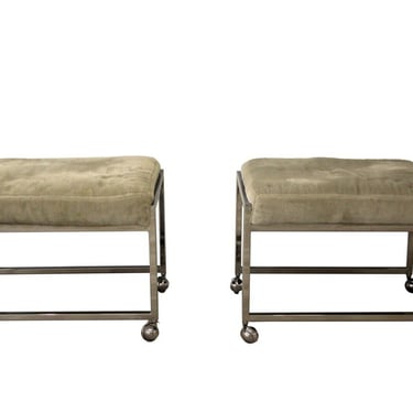 Contemporary Modern Pair of Baughman Style Chrome on Casters Stools Ottomans 