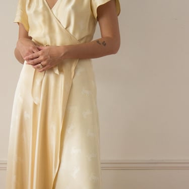 1970s Does 1930s Horse Satin Jacquard Lace Trimmed Wrap Dress 