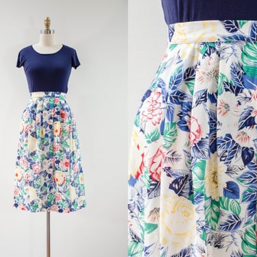 cute cottagecore skirt | 80s vintage white red blue green yellow rose floral fit and flare knee length skirt 