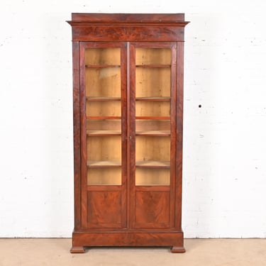 Antique American Empire Flame Mahogany Glass Front Double Bookcase, Circa 1880s