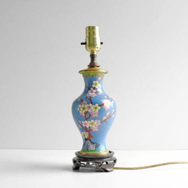 Vintage Cloisonné Table Lamp with Bird and Cherry Blossoms 