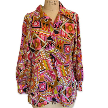 Vintage 70s Psychedelic Button Down Pink Geometric Shirt