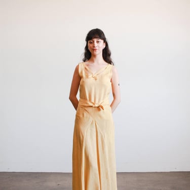 1930s Yellow Woodgrain Taffeta Bias Cut Dress 