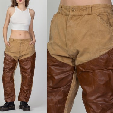 70s Game Winner Duck Canvas Hunting Pants - 34.5" Waist | Vintage Distressed Tan Brown Leather High Waist Outdoors Trousers 