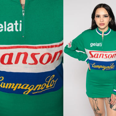 Vintage Campagnolo Cycling Jersey Sanson Gelati Bike Shirt 80s Striped Bicycle Retro Sports Green Pullover Zip Up 1980s Long sleeve Small 