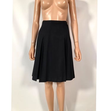 Vintage 60s Black Wool Knee Length Pleated Skirt Metal Zipper Union Made Size 22 Waist XXS 